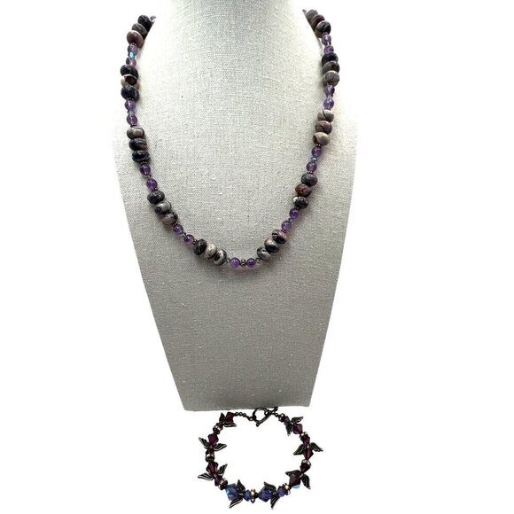 Handcrafted Purple Stone Beaded Necklace & Bracelet Set With Glass & Amethyst - Picture 1 of 12